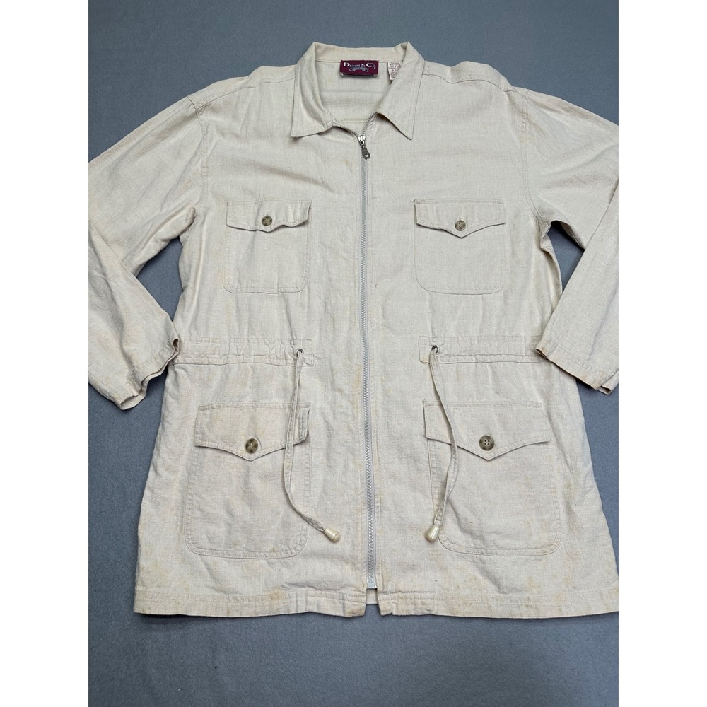 Denim &‎ Co Linen Blend Safari Utility Field Jacket Zip Up Drawstring Waist L